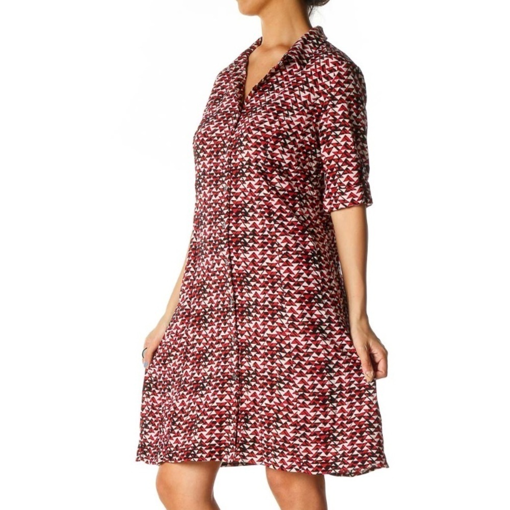 J. Jill Midi Womens Mod Print Navy Red Shirt Dress Size 12 Tab Sleeves Collared - Picture 6 of 13